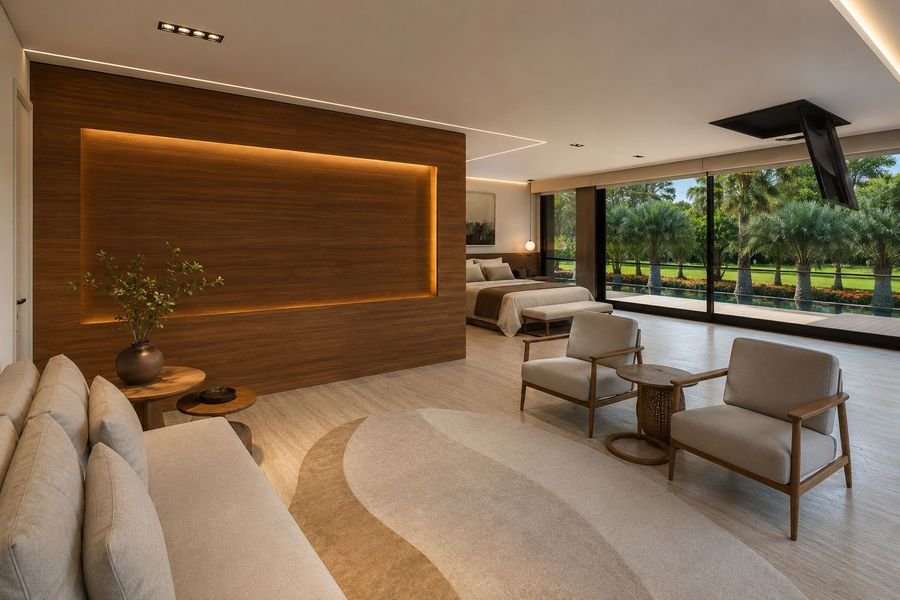 Living de luxo com painel de madeira e iluminação cênica